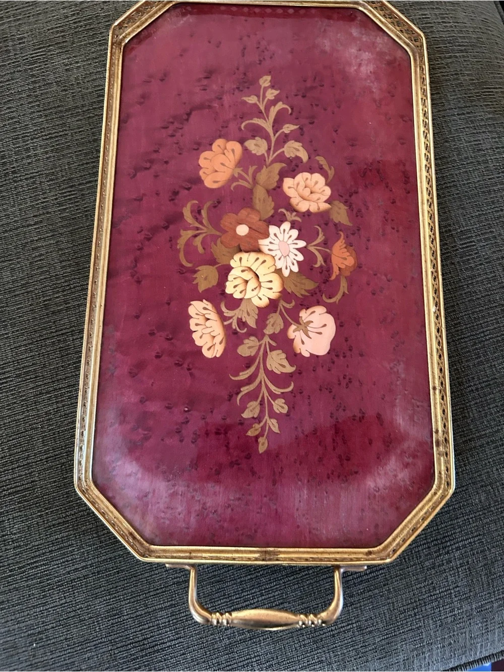 Floral Inlaid Burgundy Serving Tray Sorento brass as is
